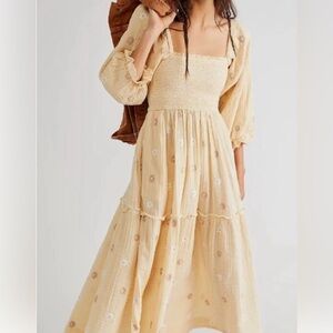 Free People Dahlia Cream Embroidered Floral 3/4 Sleeve Dress